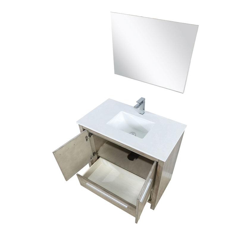 Lexora Lafarre 36" Rustic Acacia Bathroom Vanity, White Quartz Top, White Square Sink, Labaro Brushed Nickel Faucet Set, and 28" Frameless Mirror LLF36SKSOSM28FBN