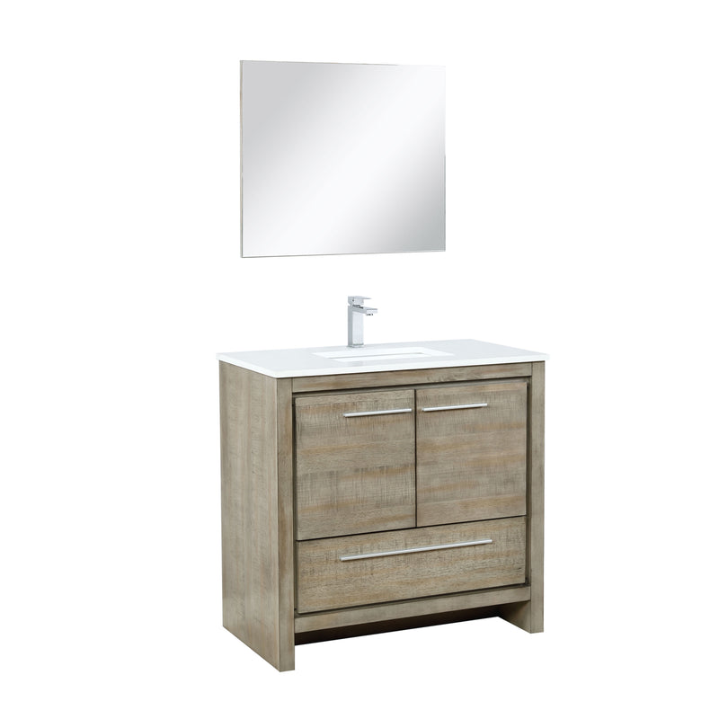 Lexora Lafarre 36" Rustic Acacia Bathroom Vanity, White Quartz Top, White Square Sink, Labaro Rose Gold Faucet Set, and 28" Frameless Mirror LLF36SKSOSM28FRG