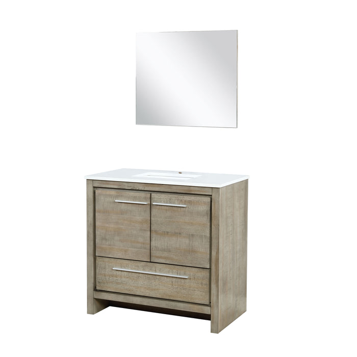 Lexora Lafarre 36" Rustic Acacia Bathroom Vanity, White Quartz Top, White Square Sink, and 28" Frameless Mirror LLF36SKSOSM28