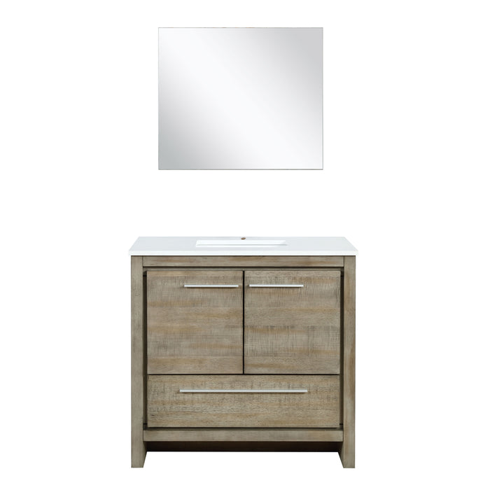 Lexora Lafarre 36" Rustic Acacia Bathroom Vanity, White Quartz Top, White Square Sink, and 28" Frameless Mirror LLF36SKSOSM28