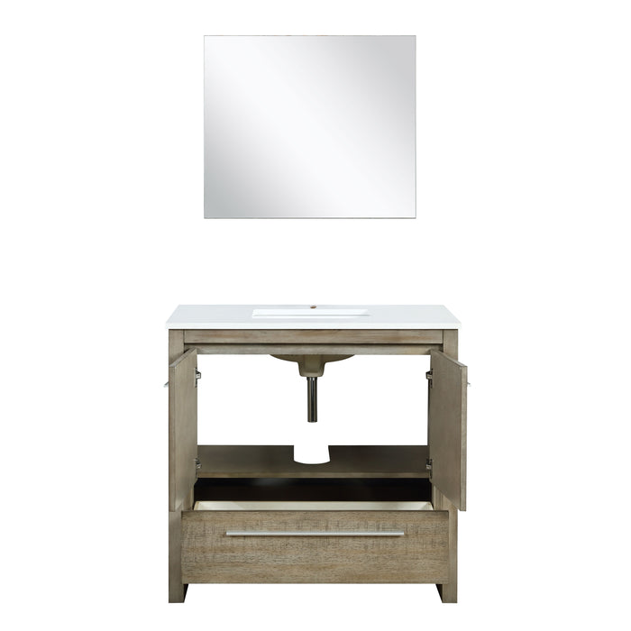 Lexora Lafarre 36" Rustic Acacia Bathroom Vanity, White Quartz Top, White Square Sink, and 28" Frameless Mirror LLF36SKSOSM28