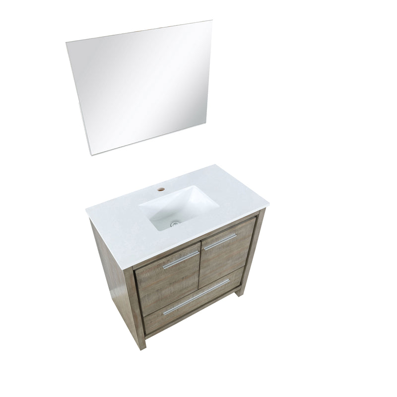 Lexora Lafarre 36" Rustic Acacia Bathroom Vanity, White Quartz Top, White Square Sink, and 28" Frameless Mirror LLF36SKSOSM28