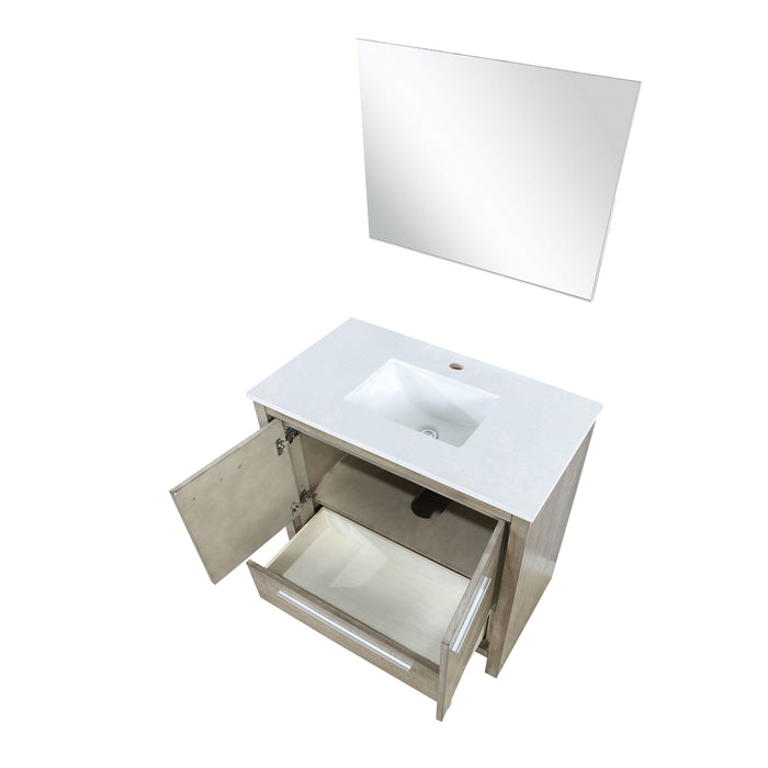 Lexora Lafarre 36" Rustic Acacia Bathroom Vanity, White Quartz Top, White Square Sink, and 28" Frameless Mirror LLF36SKSOSM28