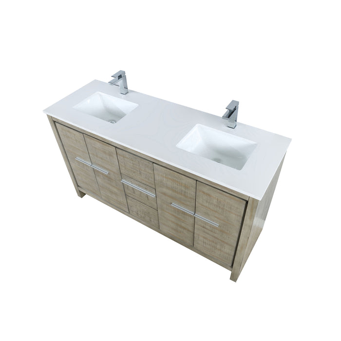 Lexora Lafarre 60" Rustic Acacia Double Bathroom Vanity, White Quartz Top, White Square Sinks, and Labaro Brushed Nickel Faucet Set LLF60DKSOD000FBN