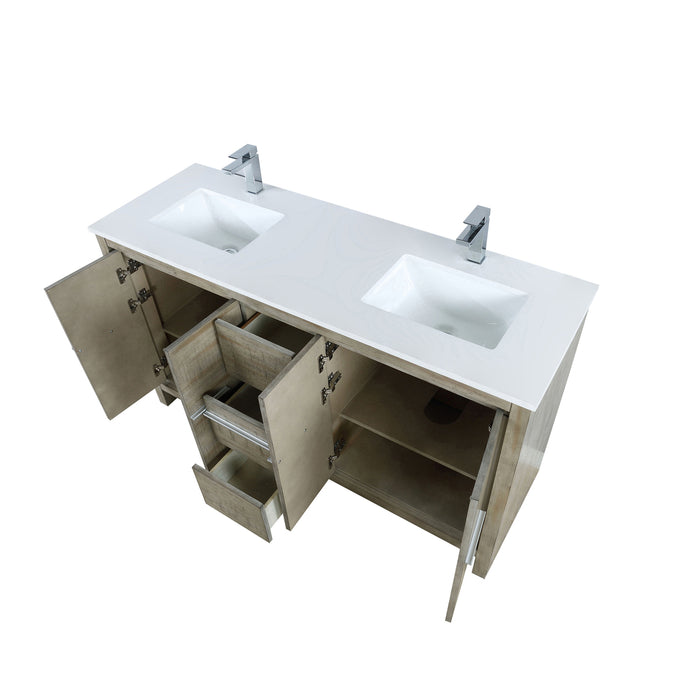 Lexora Lafarre 60" Rustic Acacia Double Bathroom Vanity, White Quartz Top, White Square Sinks, and Labaro Brushed Nickel Faucet Set LLF60DKSOD000FBN