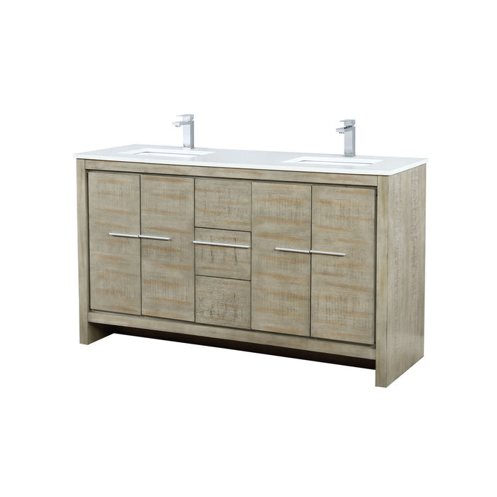 Lexora Lafarre 60" Rustic Acacia Double Bathroom Vanity, White Quartz Top, White Square Sinks, and Balzani Gun Metal Faucet Set LLF60DKSOD000FGM