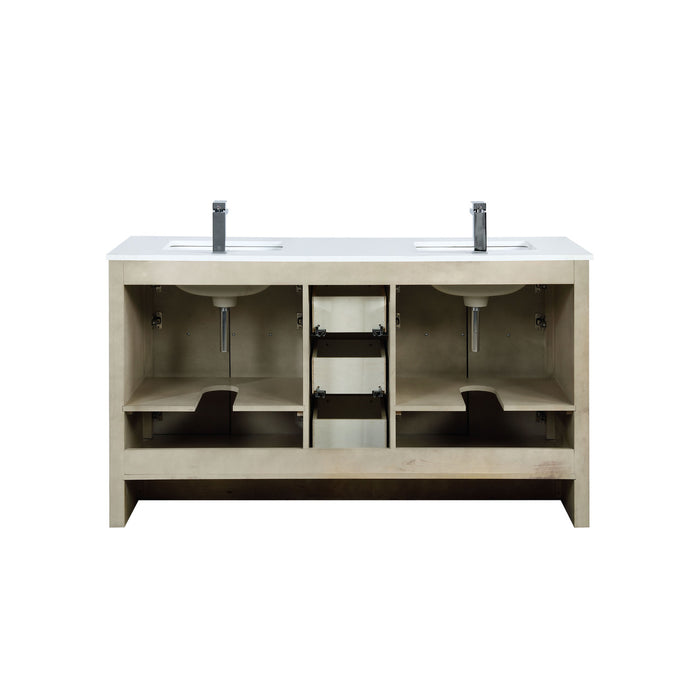 Lexora Lafarre 60" Rustic Acacia Double Bathroom Vanity, White Quartz Top, White Square Sinks, and Balzani Gun Metal Faucet Set LLF60DKSOD000FGM