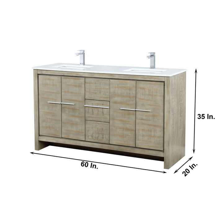 Lexora Lafarre 60" Rustic Acacia Double Bathroom Vanity, White Quartz Top, White Square Sinks, and Balzani Gun Metal Faucet Set LLF60DKSOD000FGM