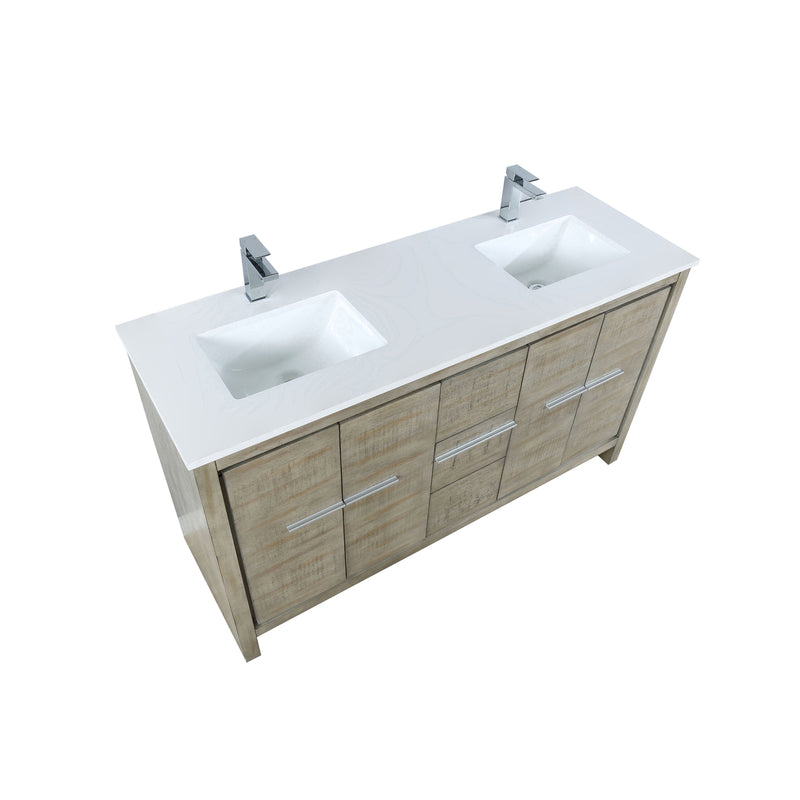 Lexora Lafarre 60" Rustic Acacia Double Bathroom Vanity, White Quartz Top, White Square Sinks, and Labaro Rose Gold Faucet Set  LLF60DKSOD000FRG