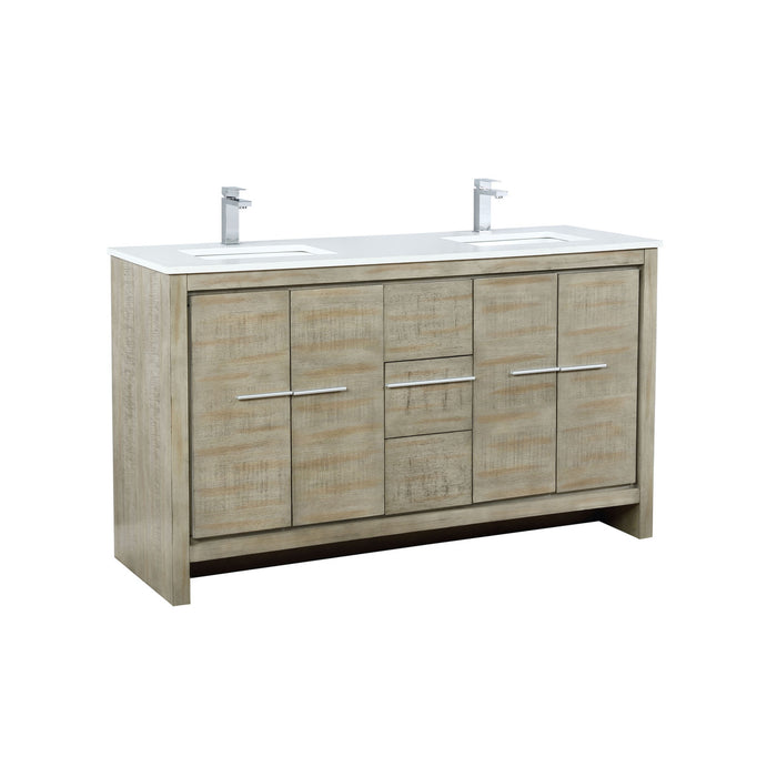 Lexora Lafarre 60" Rustic Acacia Double Bathroom Vanity, White Quartz Top, White Square Sinks, and Labaro Rose Gold Faucet Set  LLF60DKSOD000FRG