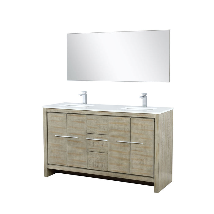 Lexora Lafarre 60" Rustic Acacia Double Bathroom Vanity, White Quartz Top, White Square Sinks, Labaro Brushed Nickel Faucet Set, and 55" Frameless Mirror LLF60DKSODM55FBN