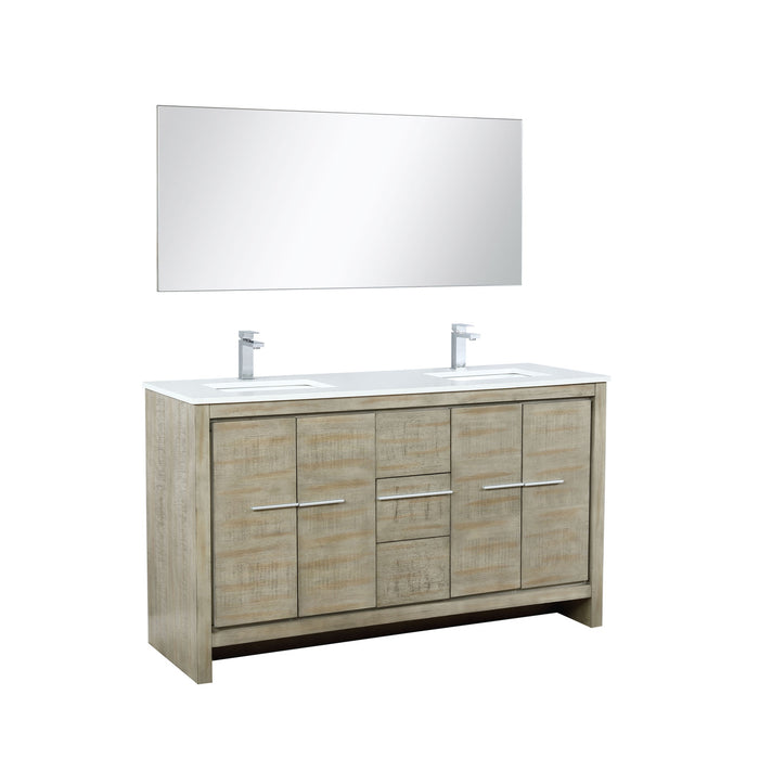 Lexora Lafarre 60" Rustic Acacia Double Bathroom Vanity, White Quartz Top, White Square Sinks, Labaro Brushed Nickel Faucet Set, and 55" Frameless Mirror LLF60DKSODM55FBN