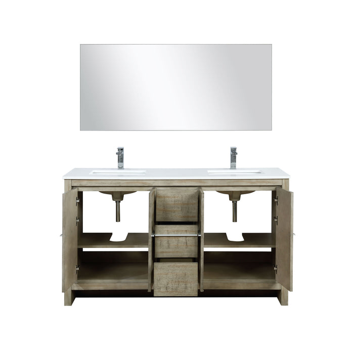 Lexora Lafarre 60" Rustic Acacia Double Bathroom Vanity, White Quartz Top,White Square Sinks, Labaro Rose Gold Faucet Set, and 55" Frameless Mirror LLF60DKSODM55FRG