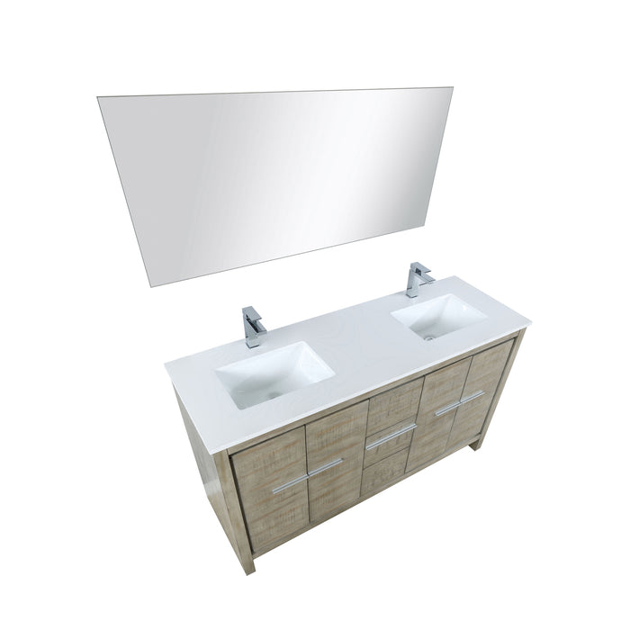 Lexora Lafarre 60" Rustic Acacia Double Bathroom Vanity, White Quartz Top,White Square Sinks, Labaro Rose Gold Faucet Set, and 55" Frameless Mirror LLF60DKSODM55FRG