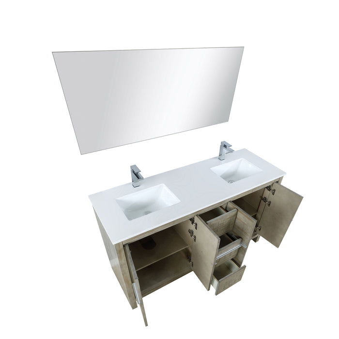 Lexora Lafarre 60" Rustic Acacia Double Bathroom Vanity, White Quartz Top,White Square Sinks, Labaro Rose Gold Faucet Set, and 55" Frameless Mirror LLF60DKSODM55FRG