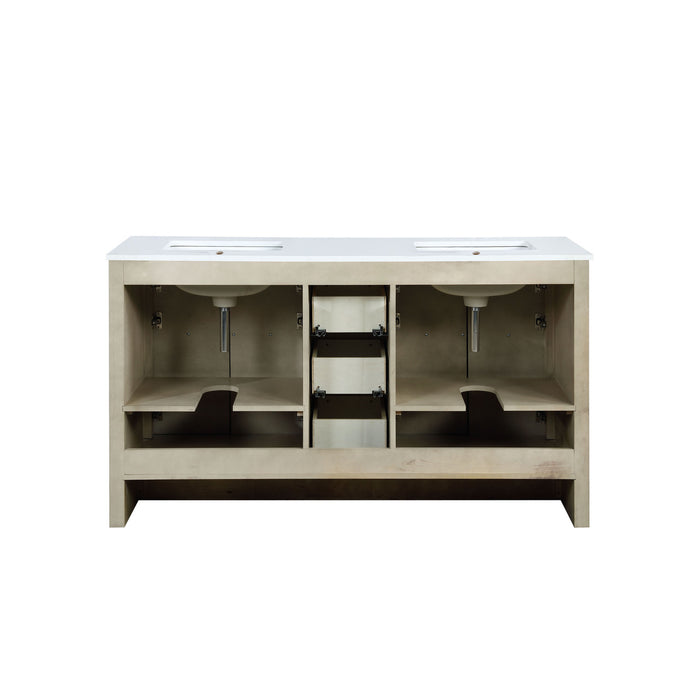 Lexora Lafarre 60" Rustic Acacia Double Bathroom Vanity, White Quartz Top, White Square Sinks, and 55" Frameless Mirror LLF60DKSODM55