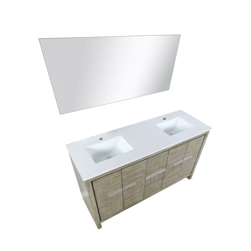 Lexora Lafarre 60" Rustic Acacia Double Bathroom Vanity, White Quartz Top, White Square Sinks, and 55" Frameless Mirror LLF60DKSODM55