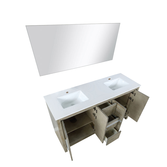 Lexora Lafarre 60" Rustic Acacia Double Bathroom Vanity, White Quartz Top, White Square Sinks, and 55" Frameless Mirror LLF60DKSODM55