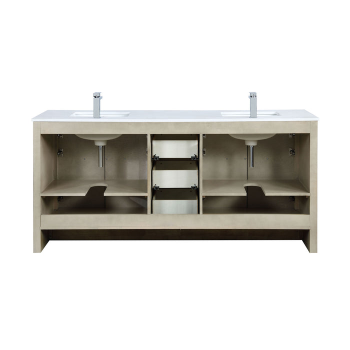 Lexora Lafarre 72" Rustic Acacia Double Bathroom Vanity, White Quartz Top, White Square Sinks, and Labaro Brushed Nickel Faucet Set LLF72DKSOD000FBN