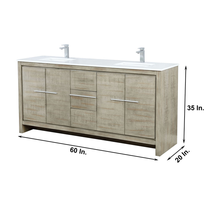 Lexora Lafarre 72" Rustic Acacia Double Bathroom Vanity, White Quartz Top, White Square Sinks, and Labaro Brushed Nickel Faucet Set LLF72DKSOD000FBN