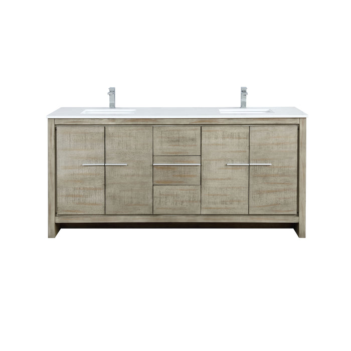 Lexora Lafarre 72" Rustic Acacia Double Bathroom Vanity, White Quartz Top, White Square Sinks, and Labaro Brushed Nickel Faucet Set LLF72DKSOD000FBN