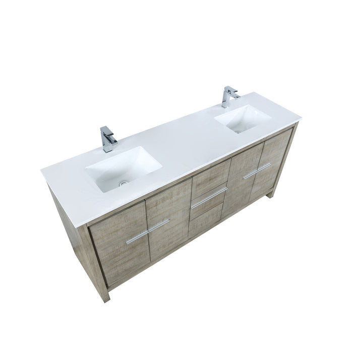 Lexora Lafarre 72" Rustic Acacia Double Bathroom Vanity, White Quartz Top, White Square Sinks, and Labaro Brushed Nickel Faucet Set LLF72DKSOD000FBN