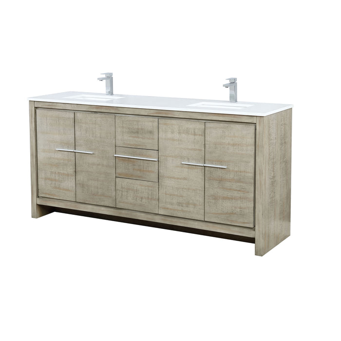 Lexora Lafarre 72" Rustic Acacia Double Bathroom Vanity, White Quartz Top, White Square Sinks, and Balzani Gun Metal Faucet Set LLF72DKSOD000FGM