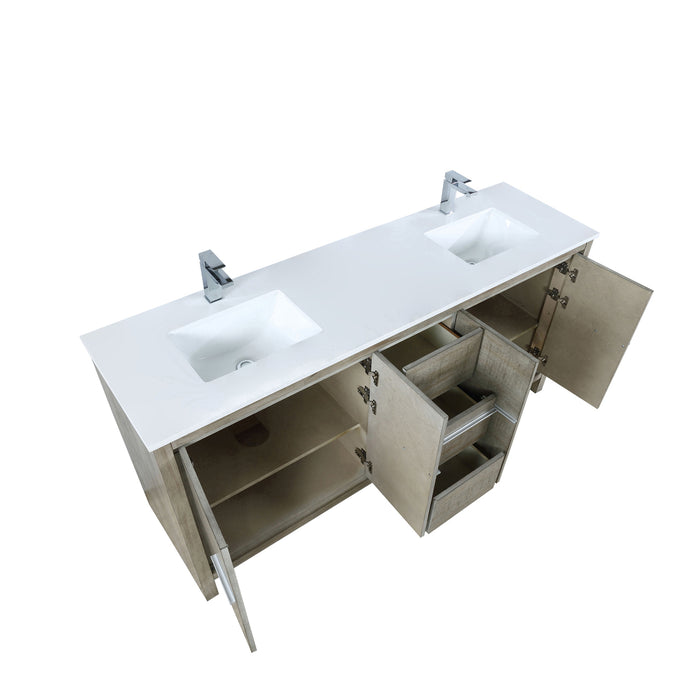 Lexora Lafarre 72" Rustic Acacia Double Bathroom Vanity, White Quartz Top, White Square Sinks, and Balzani Gun Metal Faucet Set LLF72DKSOD000FGM