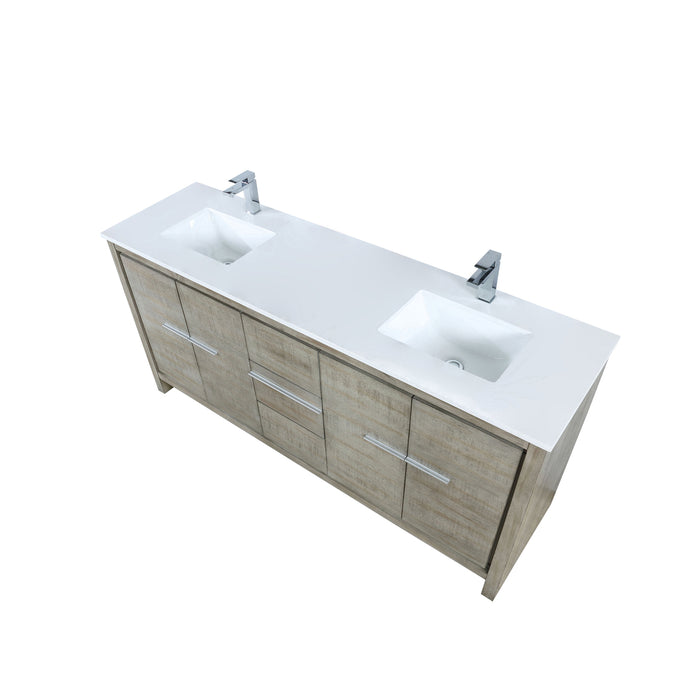 Lexora Lafarre 72" Rustic Acacia Double Bathroom Vanity, White Quartz Top, White Square Sinks, and Balzani Gun Metal Faucet Set LLF72DKSOD000FGM