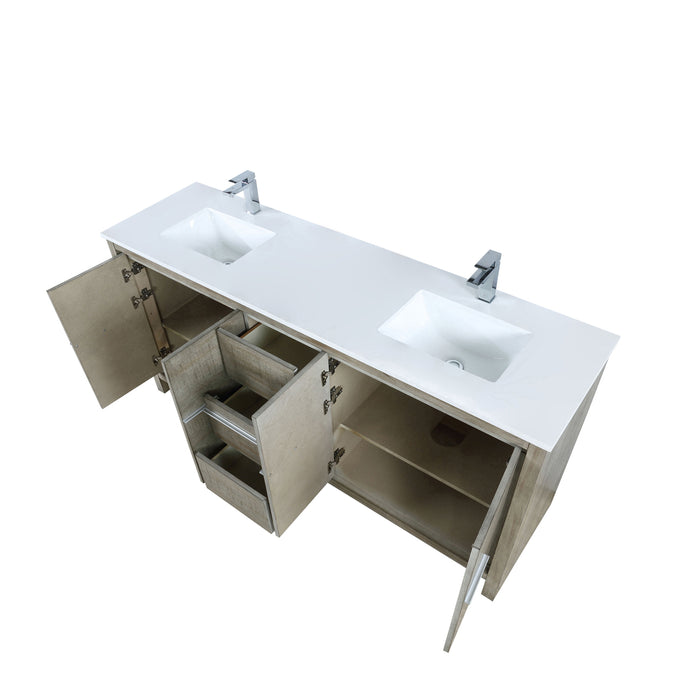 Lexora Lafarre 72" Rustic Acacia Double Bathroom Vanity, White Quartz Top, White Square Sinks, and Balzani Gun Metal Faucet Set LLF72DKSOD000FGM