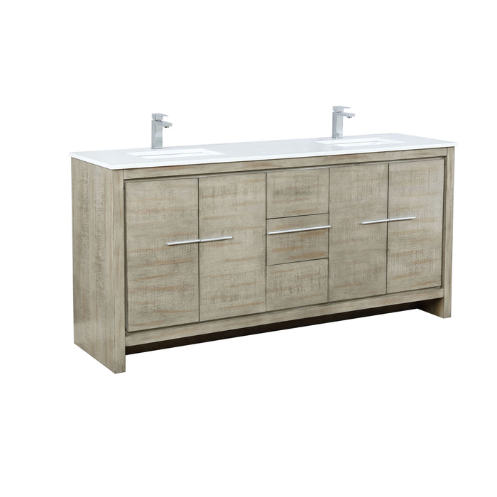 Lexora Lafarre 72" Rustic Acacia Double Bathroom Vanity, White Quartz Top, White Square Sinks, and Balzani Gun Metal Faucet Set LLF72DKSOD000FGM