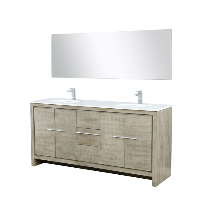 Lexora Lafarre 72" Rustic Acacia Double Bathroom Vanity, White Quartz Top, White Square Sinks, Labaro Brushed Nickel Faucet Set, and 70" Frameless Mirror LLF72DKSODM70FBN