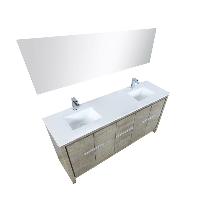 Lexora Lafarre 72" Rustic Acacia Double Bathroom Vanity, White Quartz Top, White Square Sinks, Labaro Brushed Nickel Faucet Set, and 70" Frameless Mirror LLF72DKSODM70FBN