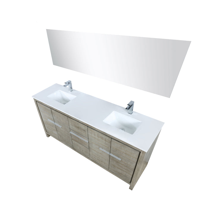 Lexora Lafarre 72" Rustic Acacia Double Bathroom Vanity, White Quartz Top, White Square Sinks, Labaro Brushed Nickel Faucet Set, and 70" Frameless Mirror LLF72DKSODM70FBN