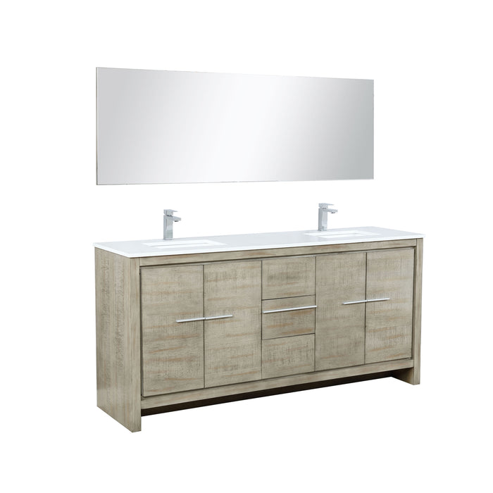 Lexora Lafarre 72" Rustic Acacia Double Bathroom Vanity, White Quartz Top, White Square Sinks, Labaro Brushed Nickel Faucet Set, and 70" Frameless Mirror LLF72DKSODM70FBN