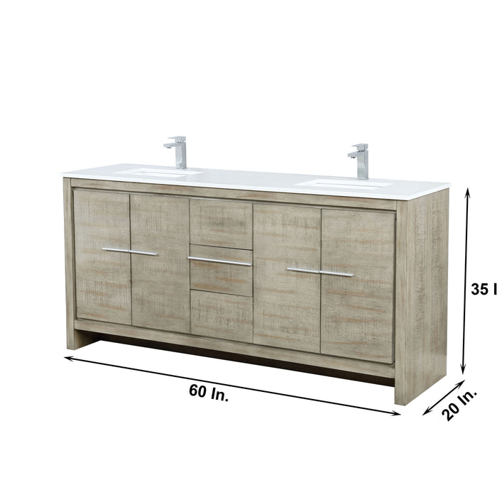 Lexora Lafarre 72" Rustic Acacia Double Bathroom Vanity, White Quartz Top, White Square Sinks, Balzani Gun Metal Faucet Set, and 70" Frameless Mirror LLF72DKSODM70FGM