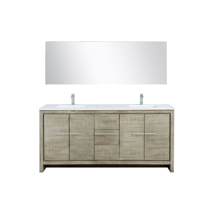 Lexora Lafarre 72" Rustic Acacia Double Bathroom Vanity, White Quartz Top, White Square Sinks, Labaro Rose Gold Faucet Set, and 70" Frameless Mirror LLF72DKSODM70FRG