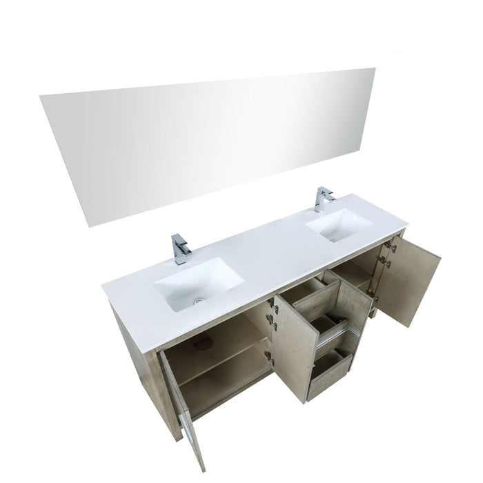 Lexora Lafarre 72" Rustic Acacia Double Bathroom Vanity, White Quartz Top, White Square Sinks, Labaro Rose Gold Faucet Set, and 70" Frameless Mirror LLF72DKSODM70FRG