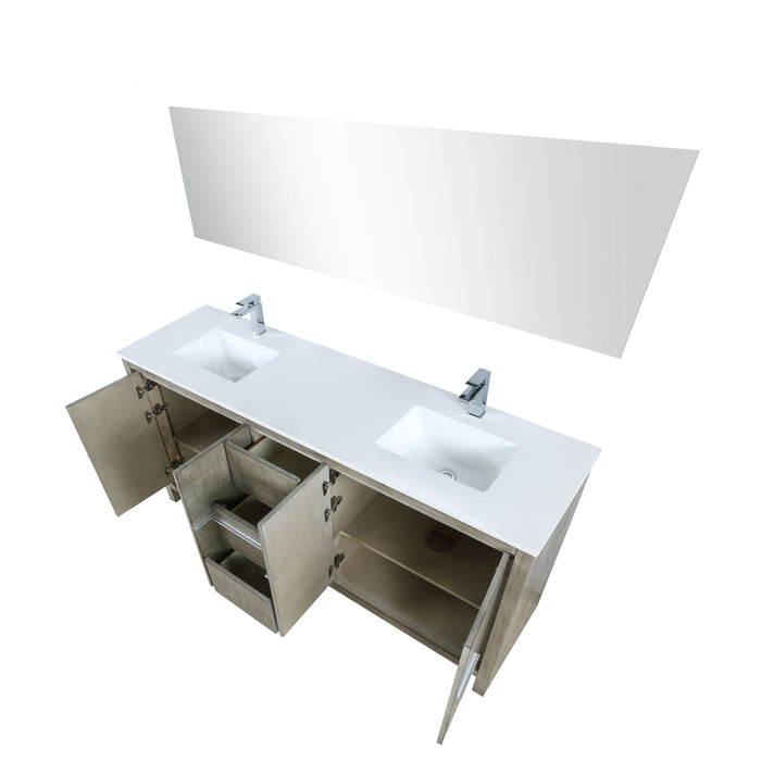 Lexora Lafarre 72" Rustic Acacia Double Bathroom Vanity, White Quartz Top, White Square Sinks, Labaro Rose Gold Faucet Set, and 70" Frameless Mirror LLF72DKSODM70FRG