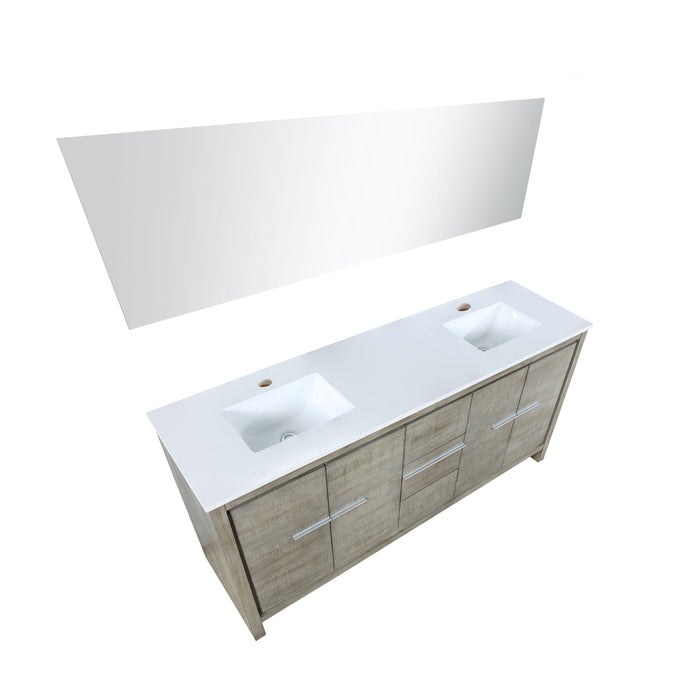 Lexora Lafarre 72" Rustic Acacia Double Bathroom Vanity, White Quartz Top, White Square Sinks, and 70" Frameless Mirror LLF72DKSODM70