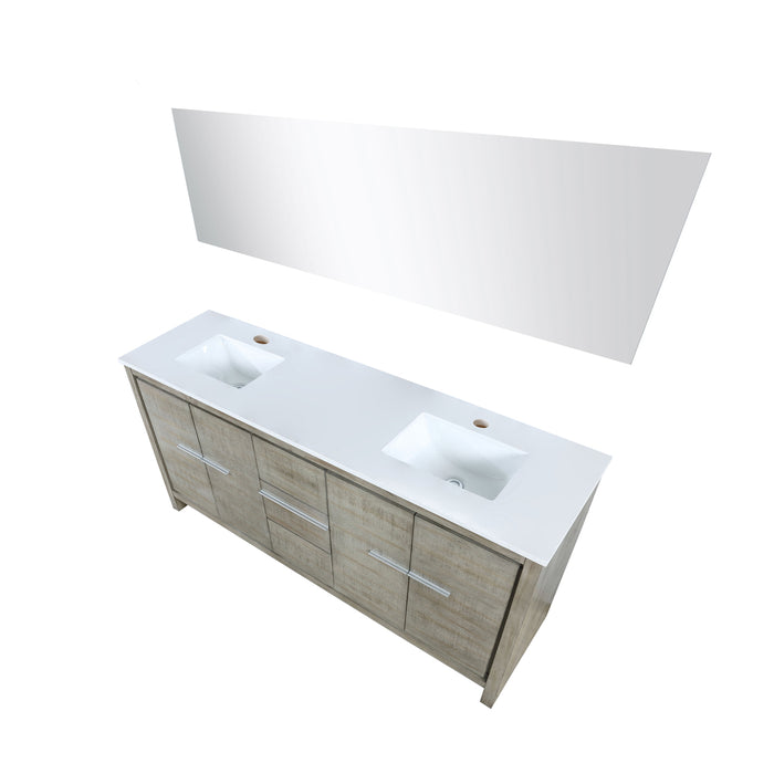 Lexora Lafarre 72" Rustic Acacia Double Bathroom Vanity, White Quartz Top, White Square Sinks, and 70" Frameless Mirror LLF72DKSODM70