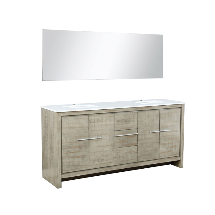 Lexora Lafarre 72" Rustic Acacia Double Bathroom Vanity, White Quartz Top, White Square Sinks, and 70" Frameless Mirror LLF72DKSODM70