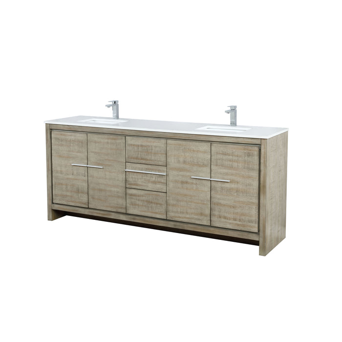 Lexora  Lafarre 80" Rustic Acacia Double Bathroom Vanity, White Quartz Top, White Square Sinks, and Labaro Brushed Nickel Faucet Set LLF80DKSOD000FBN