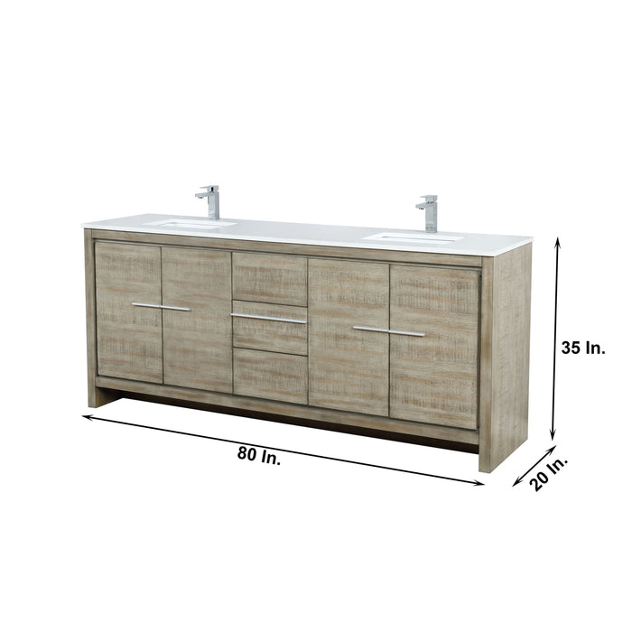 Lexora  Lafarre 80" Rustic Acacia Double Bathroom Vanity, White Quartz Top, White Square Sinks, and Labaro Brushed Nickel Faucet Set LLF80DKSOD000FBN