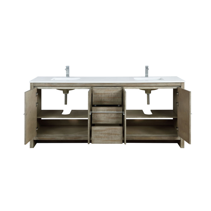 Lexora  Lafarre 80" Rustic Acacia Double Bathroom Vanity, White Quartz Top, White Square Sinks, and Labaro Brushed Nickel Faucet Set LLF80DKSOD000FBN