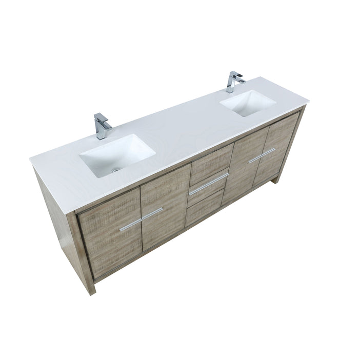 Lexora  Lafarre 80" Rustic Acacia Double Bathroom Vanity, White Quartz Top, White Square Sinks, and Labaro Brushed Nickel Faucet Set LLF80DKSOD000FBN