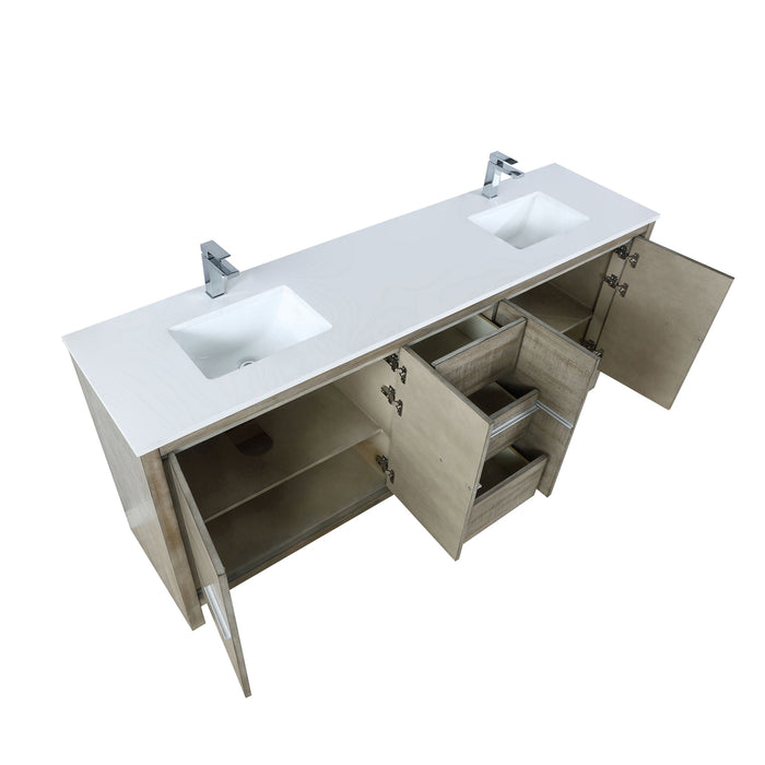 Lexora  Lafarre 80" Rustic Acacia Double Bathroom Vanity, White Quartz Top, White Square Sinks, and Labaro Brushed Nickel Faucet Set LLF80DKSOD000FBN