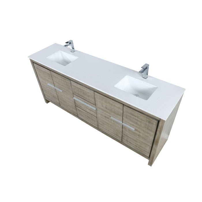 Lexora  Lafarre 80" Rustic Acacia Double Bathroom Vanity, White Quartz Top, White Square Sinks, and Labaro Brushed Nickel Faucet Set LLF80DKSOD000FBN