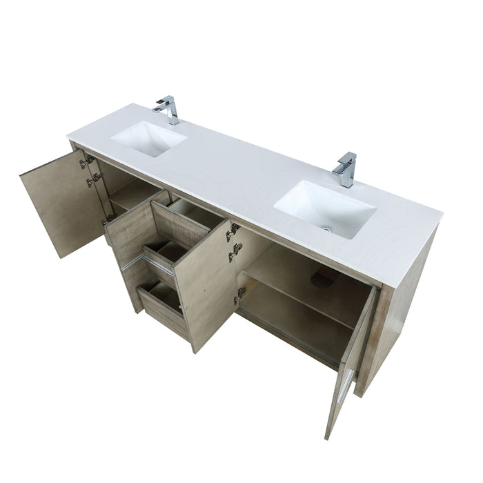 Lexora  Lafarre 80" Rustic Acacia Double Bathroom Vanity, White Quartz Top, White Square Sinks, and Labaro Brushed Nickel Faucet Set LLF80DKSOD000FBN