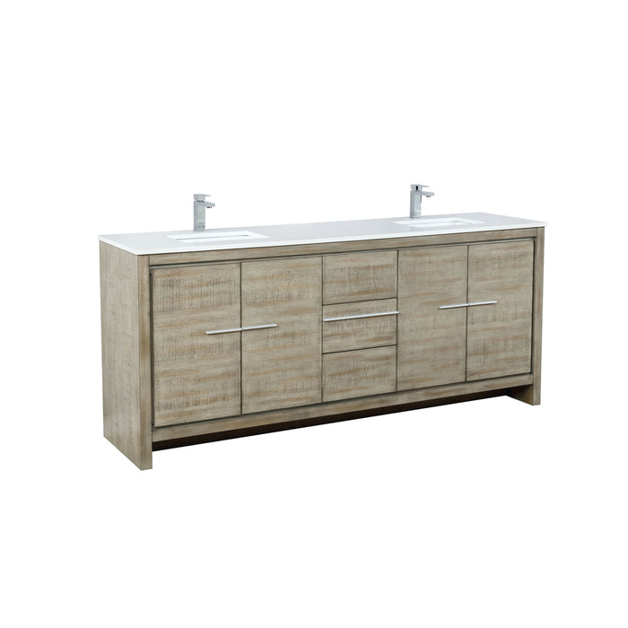 Lexora  Lafarre 80" Rustic Acacia Double Bathroom Vanity, White Quartz Top, White Square Sinks, and Labaro Brushed Nickel Faucet Set LLF80DKSOD000FBN